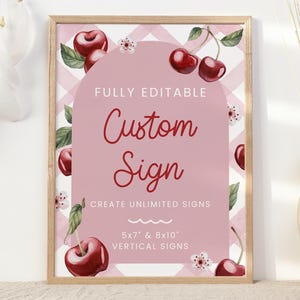 Letrero personalizado de cumpleaños de cereza, baby shower de cereza, letrero de fruta, bayas rosadas, cumpleaños, descarga instantánea, letrero editable e imprimible BD30