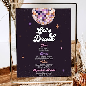 Disco Ball Bar Menü Vorlage, Retro Disco, Getränkekarte, Disco Party, Bachelorette, Groovy Funky Sparkle, Printable Instant Download N12