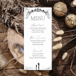 Plantilla de menú para fiesta de Halloween, Menú de Halloween con temática de telaraña, Menú de cena minimalista imprimible, Decoración de mesa de Halloween, Fiesta de Halloween para adultos, H4