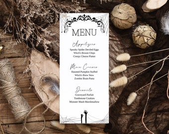 Halloween Party Menu Template, Spiderweb Halloween Menu, Printable Minimalist Dinner Menu, Halloween Table Decor, Adult Halloween Party, H4