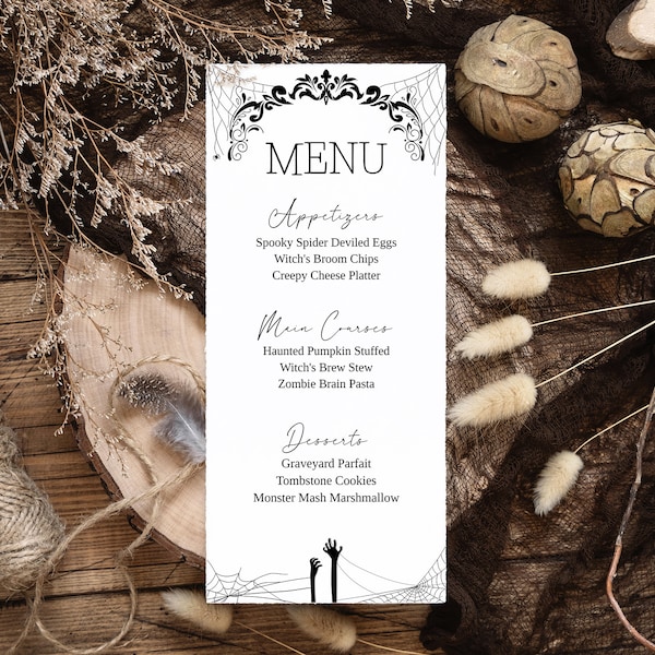 Halloween Party Menu Template, Spiderweb Halloween Menu, Printable Minimalist Dinner Menu, Halloween Table Decor, Adult Halloween Party, H4