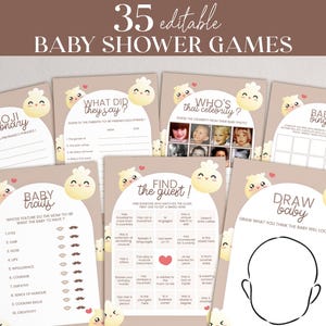 May include: A set of 35 printable baby shower games featuring cute cartoon illustrations of chicks. The games include Emoji Pictionary, What Did They Say, Who's That Celebrity, Baby Bingo, Baby Traits, Find the Guest, and Draw Baby.