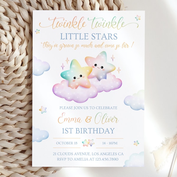 Twinkle Twinkle Little Star Invitation Template, Twin 1st Birthday, Stars Clouds, Boy & Girl, Instant Download, Editable Electronic BD19