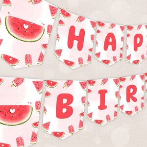 Watermelon Happy Birthday Banner Printable, Girl 1st Birthday Garland, Fruit Birthday Decor, Watermelon Birthday Banner, Summer Birthday