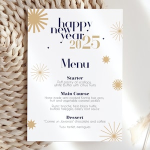 Plantilla de menú de Año Nuevo 2025, menú de cena de Nochevieja, fiesta navideña, fuegos artificiales dorados y azules, descarga electrónica instantánea imprimible, N1