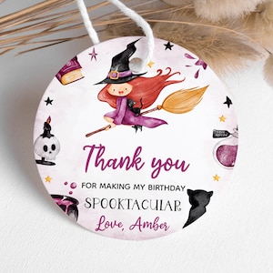 Hexe Halloween Geburtstag Party Favor Tag bearbeitbar, Kostümparty Dankeschön Tag, Spooktacular Girl Party, Geschenkanhänger, rundes Quadrat, BD9