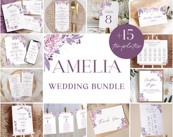 Purple Wedding Bundle, Lavender Lilac Floral Wedding Invite, Large Wedding Set, Printable Wedding Invitation, Instant Download, Amelia