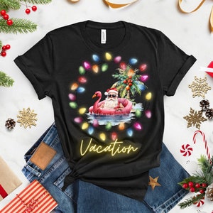 Christmas vacation tshirt, Santa in pool, beach santa, coastal christmas tee, tropical christmas shirts, merry christmas