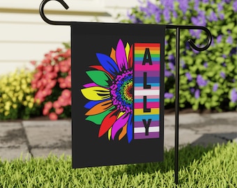 PRIDE flag, Pride month LGBTQ garden flag, LGBTQ Pride garden flag, Sunflower Ally black  flag, rainbow garden flag, summer garden flag