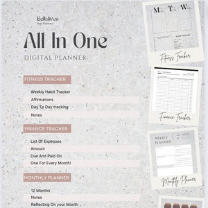 May include: A digital planner with a pink and white color scheme. The planner includes sections for fitness tracking, finance tracking, monthly planning, and monthly tabs. The text "All In One Digital Planner" is at the top of the page.