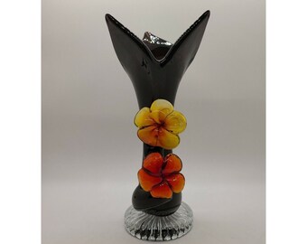 Handblown Deep Amethyst Glass Vase With Blown Glass Flowers 8 & 1/2 Tall Vintage