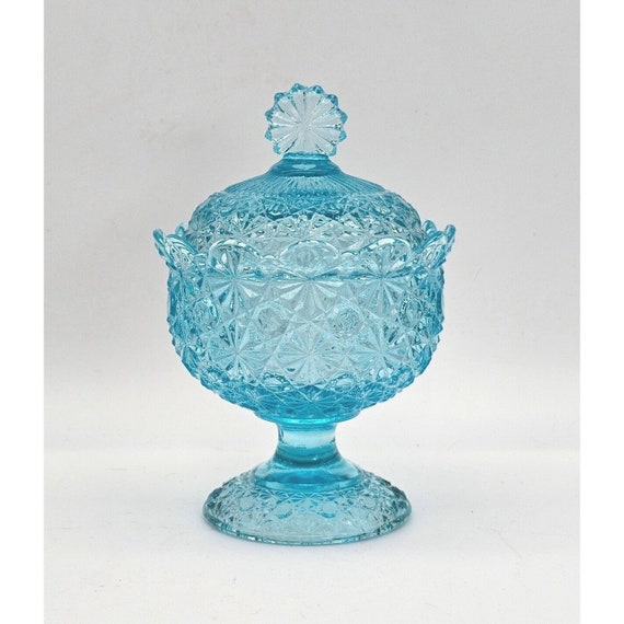 Vintage Fenton L.G. Wright Aqua Candy Jar With Finial Lid Fenton 7 Inch Blue