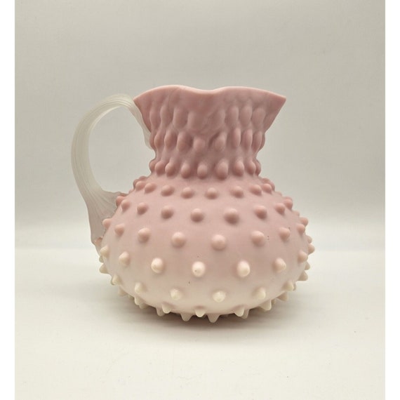 19th Cen. Phoenix Art Glass Burmese Matte Hobnail Water Pitcher w/Ribbed Handle