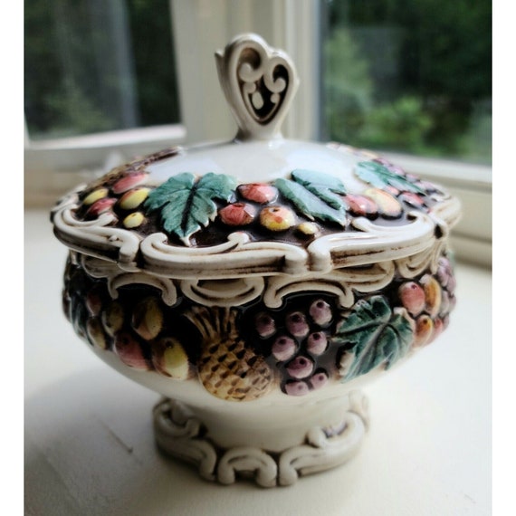 VINTAGE 1958 Lefton Della Robbia Robia Fruit Covered  Bowl Fruit Flowers #2089