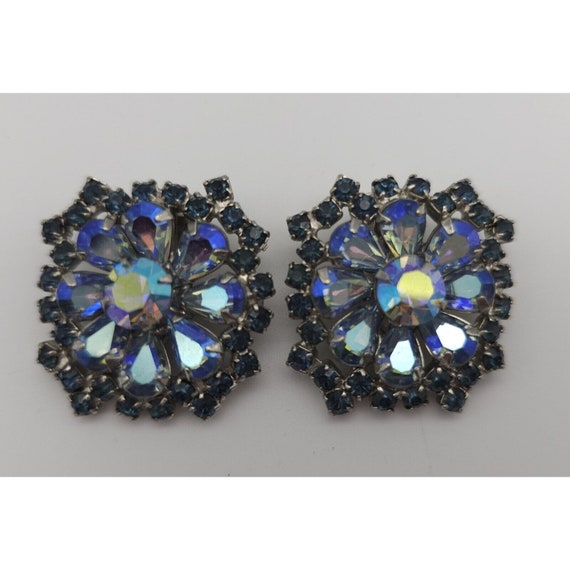 Vintage Large Blue Iridescent Rhinestone Silvertone Clip-on Earrings Diameter