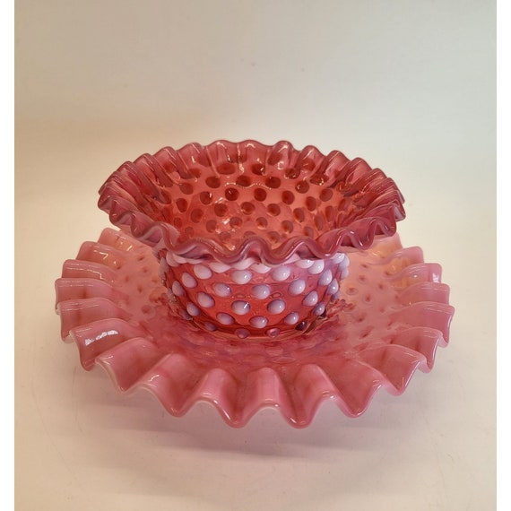 Hobnail Cranberry (Opalescent) by FENTON Mayonnaise Bowl and Underplate