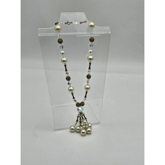 Vintage Faux Pearl 20” Faceted Glass Beaded Necklace With Multi-strand Tassel