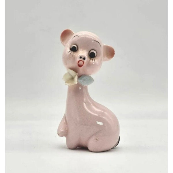 Vintage Adorable Pink Porcelain Pig Figurine with Flower 4 In