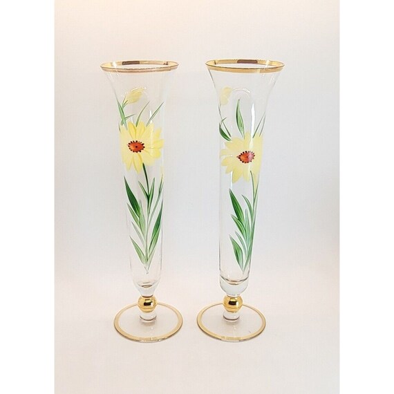 JAPANESE VASE FLOWERS With Gold Trim hand painted 10" tall Set of 2 Vintage