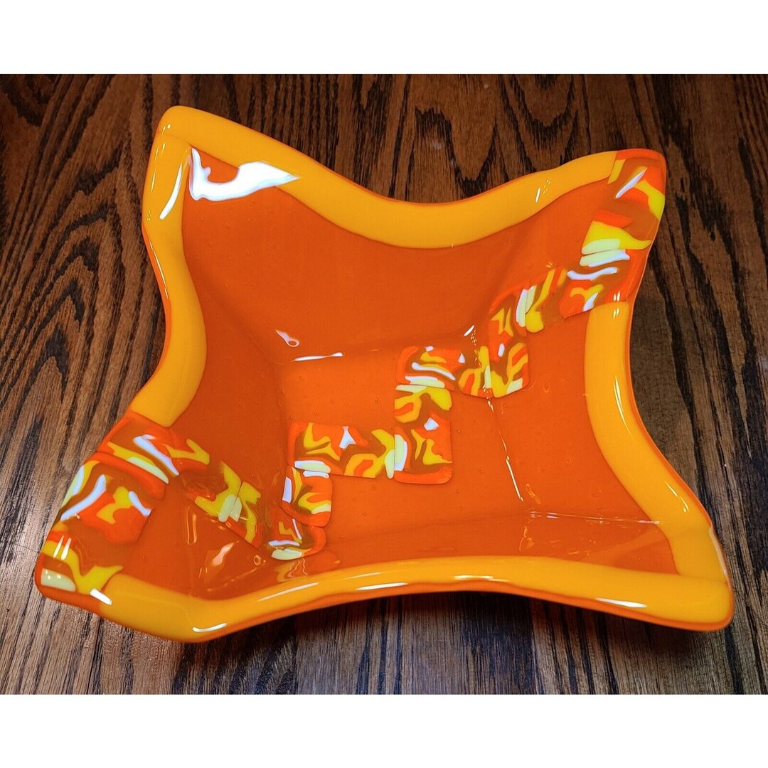 MCM Art Glass Bowl Orange Multicolor Strip 12 Etsy