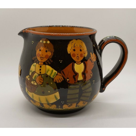 Vintage Scandinavian Hand painted Pottery Creamer Milk Pitcher 5 1/2" Tall