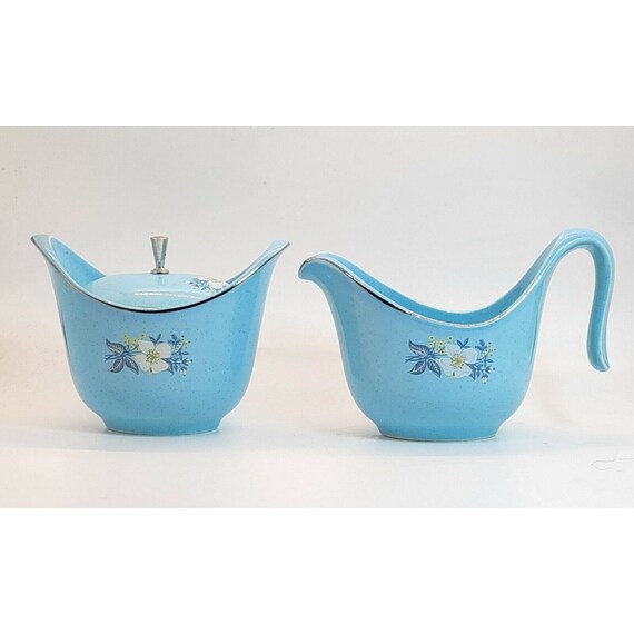 Vintage MCM Sugar & Creamer Set Lt. Blue Speckles Floral Silver Rim Gorgeous!