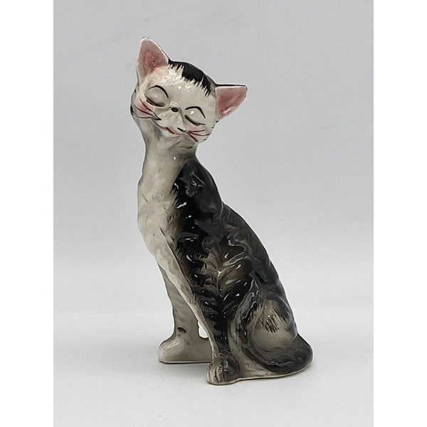 Vintage Ceramic Gray Tabby Cat 6.5" Tall Pinkish Ears