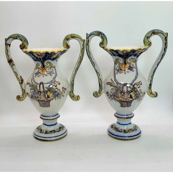 ANTIQUE JJ.FOURMAINTRAUX Vases Desvres France Set of 2 #749 Faience