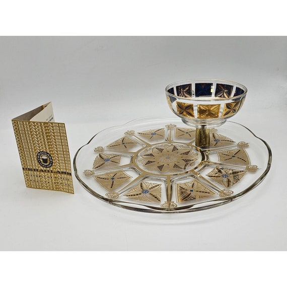 MCM Ceraglass Veggie and Dip Bowl 22K Gold & Blue Decorated Glass Platter