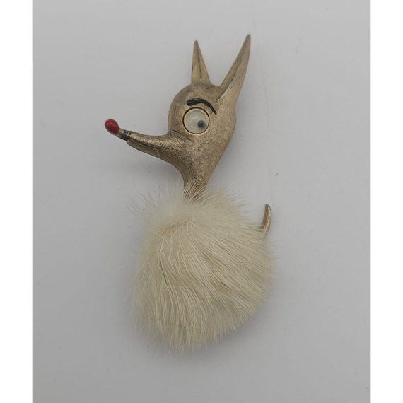 Vintage J.J. Jonette Jewelry Google Eye Dog Puppy Pin with mink