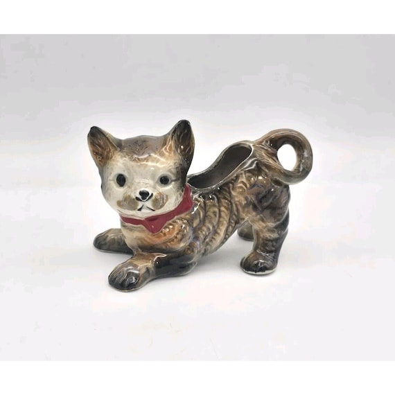 Vintage Royal Hand-painted Porcelain Crouching Cat Planter Japan 6-in Long 1950s