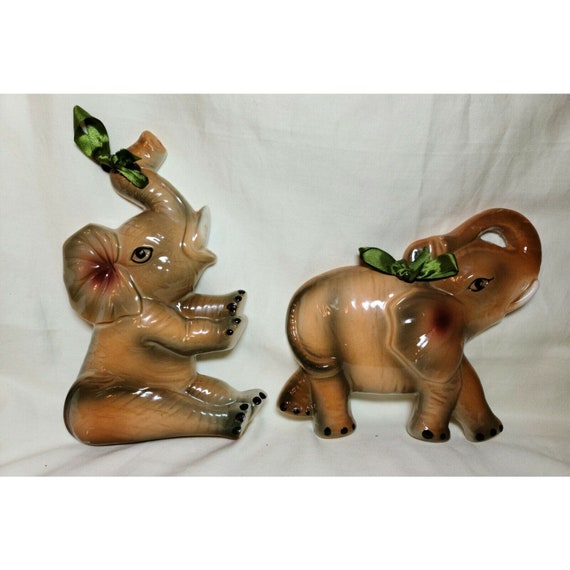 Elephant Wall Art Decor Ceramic 9" By 6" Lot of 2 Vintage