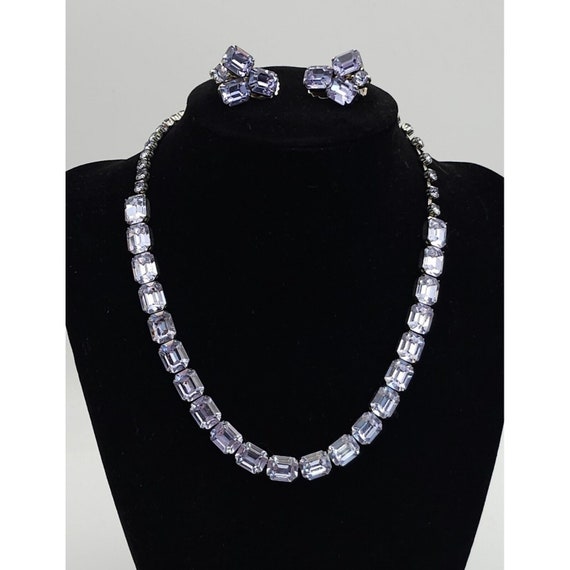 Vintage Signed Weiss Alexandrite Glass Emerald Cut Necklace & Clip On Earrings