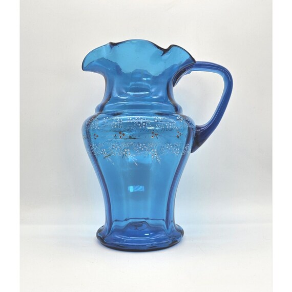 Antique Victorian Bright Blue Glass & Enamel Water Pitcher 1890s Large