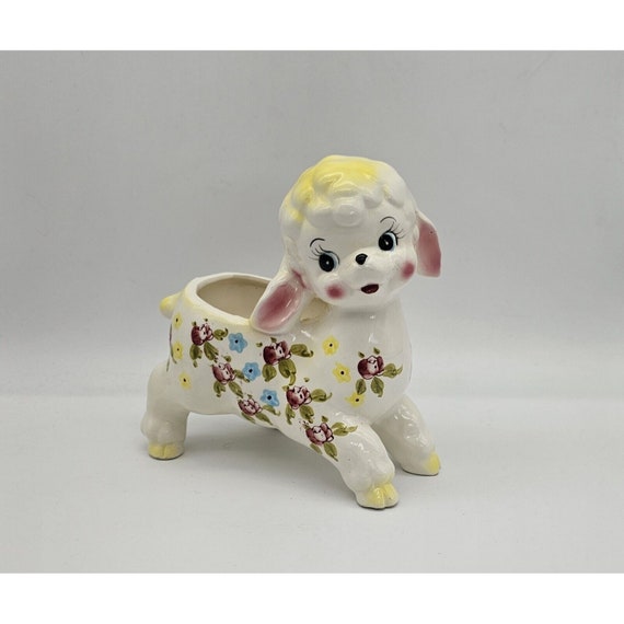 Vintage Hand-painted Floral Lamb Planter Number 6477 Excellent Condition