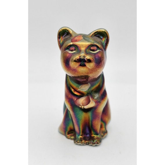 Fenton Lustred Blossoms Curious Cat Iridescent Signed Hand-painted 3.5 In