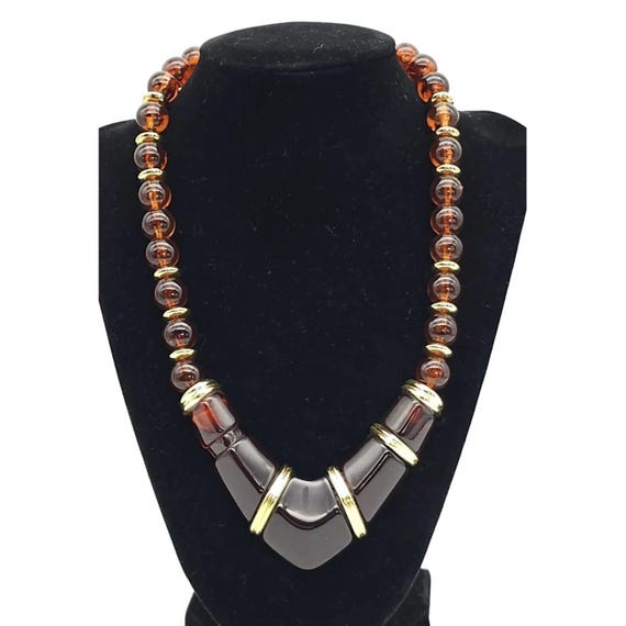 Napier Faux Tortoise Shell Gold Tone Runway Modernist Vtg Necklace~Amber Lucite