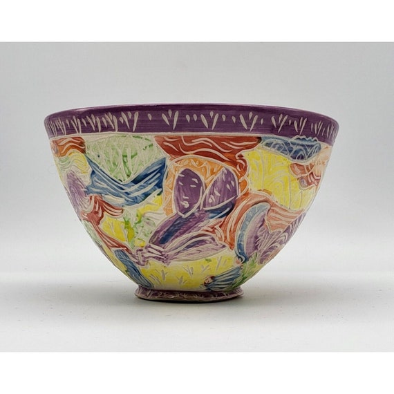 Stunning Etched Pottery Bowl Hand-painted With Scenes Gorgeous!