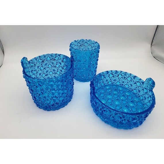 Vintage Fenton Daisy and Button Ice Bucket, Candy Jar, Candle Holder Blue
