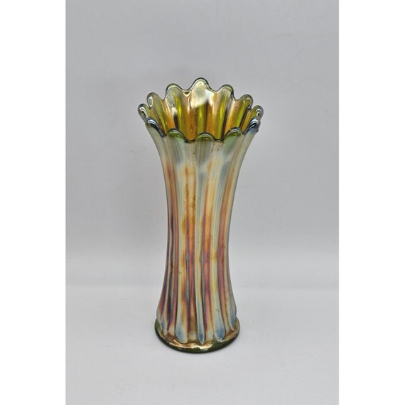 Antique Westmoreland Carnival Glass "Corinth" Green Orange Vase 8.75" Tall
