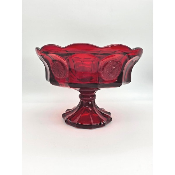 Vintage Large Fostoria Ruby Red Coin Glass Compote Pedestal Bowl Christmas Decor