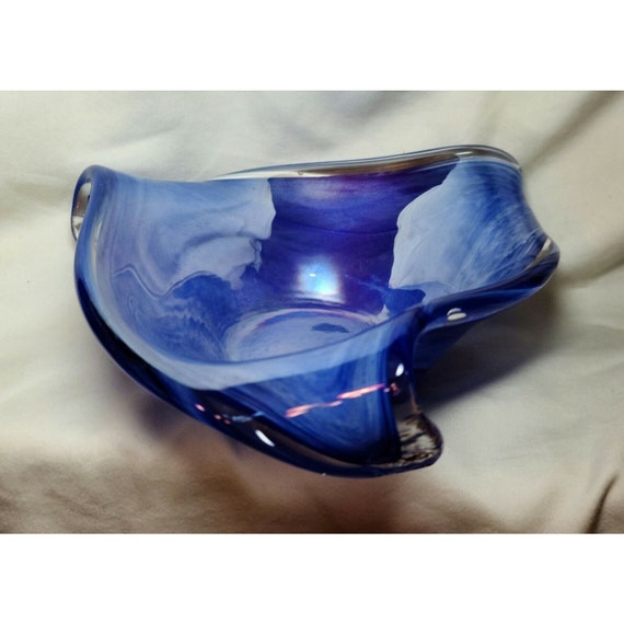 Arte Murano Blue & White Swirl Glass Bowl Original Sticker Vintage