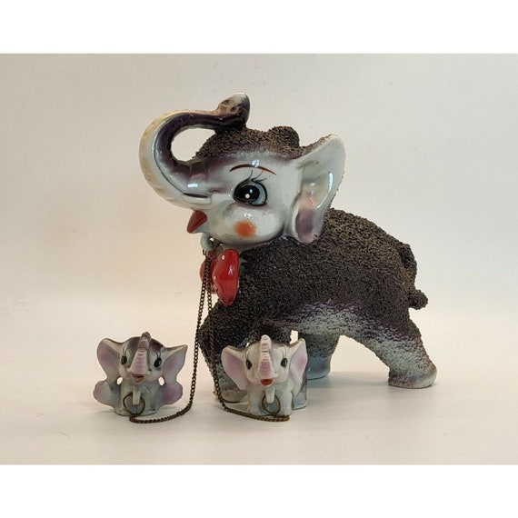 Arnat Ceramic Sugar Coated Elephant Figurine & Babies Original Sticker Vintage