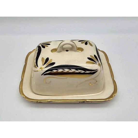 Vintage Sandland Ware Butter Dish & Cover England Gold Accents