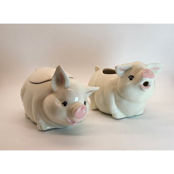 Vintage Enamel Pottery Pigs Sugar & Creamer Set Signed 6" Long