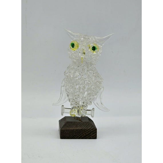 Vintage Spun Glass Owl On Wooden Base Green Yellow Eyes 4.75 In