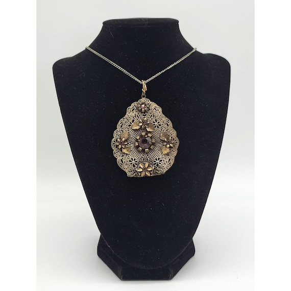 Victorian Ornate Filigree Large Brass Tone Purple Rhinestone Pendant Necklace