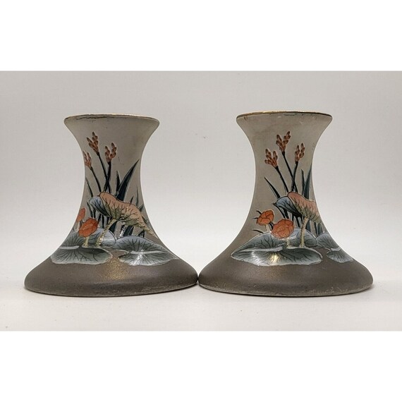 Vintage Ceramic Toyo Grey Candlestick Holder Hand Painted Flowers/Gold Set of 2