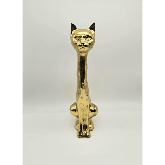 Vintage MCM Hollywood Regency Tall Solid Brass Cat Statue 14.25"