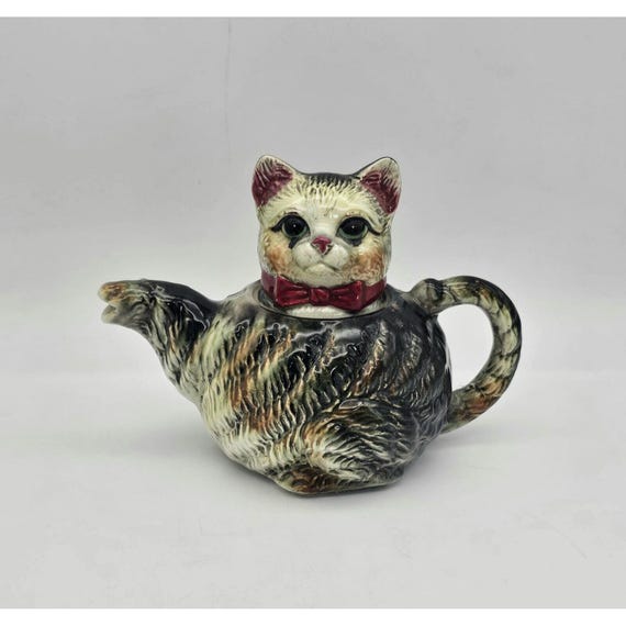 Vintage Royal 1950 Black & Brown Tabby Cat Decorative Tea Pot Made In Japan